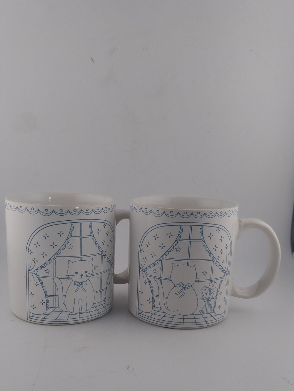 Vintage White Mugs with Light Blue Cat Print - Set of 2